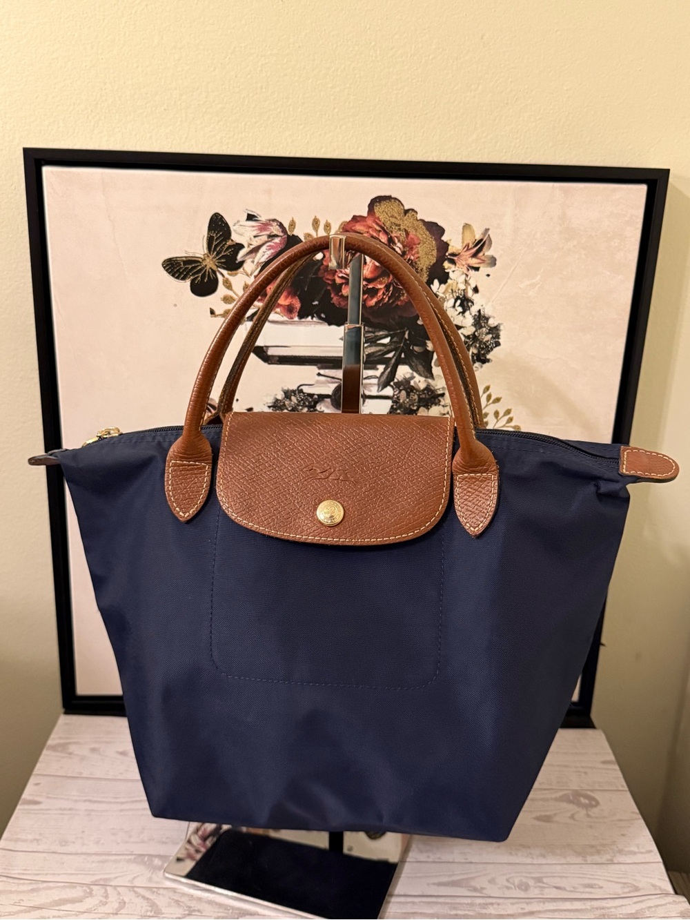 Longchamp Le Pliage Small Top Handle Tote Navy Blue Nylon Cognac Leather